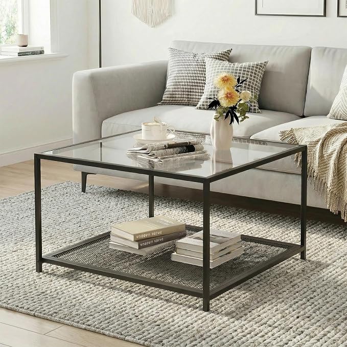 Black Glass Coffee Table, Square Coffee Tables with Storage Shelf, Simple Tea Cocktail Modern Center Tables for Small Space, Living Room, Easy Assembly, 26 * 26in（Black）
