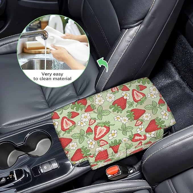 Dreaweet Strawberry Car Accessories for Women Center Console Cover Thick Console Console Armrest Pad Universal Arm Rest Cover for Car SUV Truck Sedan Armrest Storage Box Cover Pad,Green