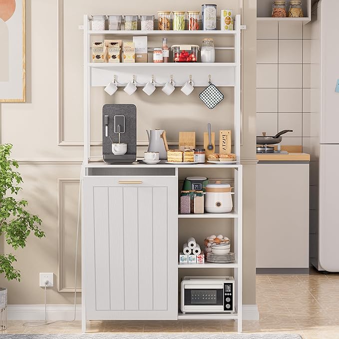 Kitchen Bakers Rack with Storage Shelf - 6-Tier Microwave Stand Oven Cabinet W/Tilting Trash Can Bin and Power Outlet, Farmhouse Thickened Coffee Bar Table Station W/6 Hooks&Adjustable feet