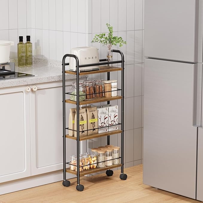 Slim Storage Cart, 4-Tier Small Rolling Cart with Wheels, 5.9" Deep, Narrow Bathroom Shelf Trolley for Kitchen, Bathroom, Laundry Room, Rustic Brown Standard 4-Tier (5.9" W x 33.6" H)