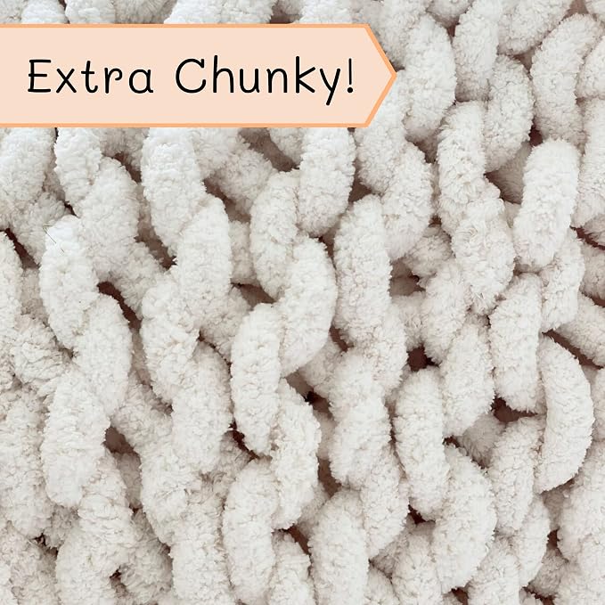 Adyrescia Chunky Knit Blanket Throw | 100% Hand Knit with Jumbo Chenille Yarn (60"x80", Cream White)