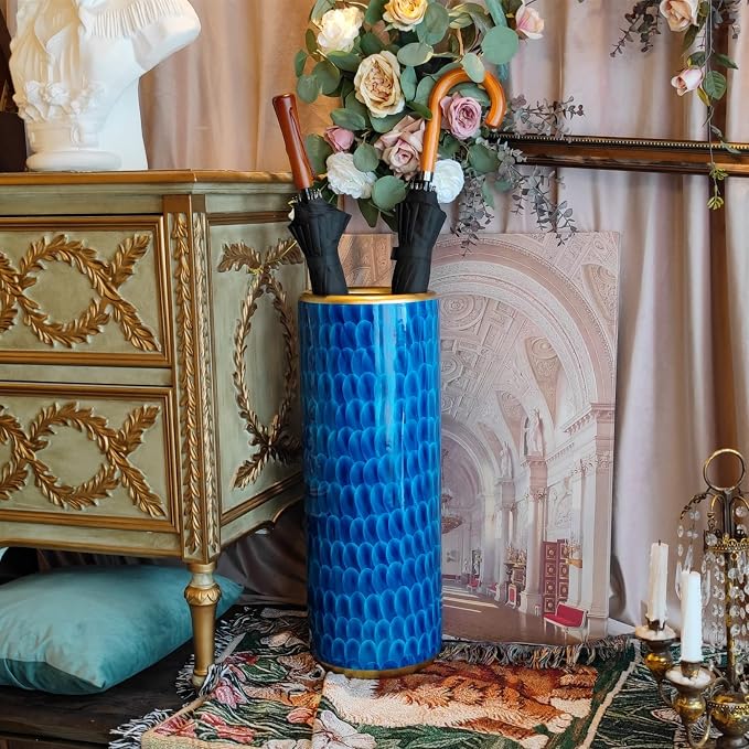 Luxurious Umbrella Stand Holder Umbrella Bucket Umbrella Rack Barrel Hand-Painted Feather Theme Porcelain Ceramic Floor Vase Entryway Porch Indoor 24" High Peacock Blue