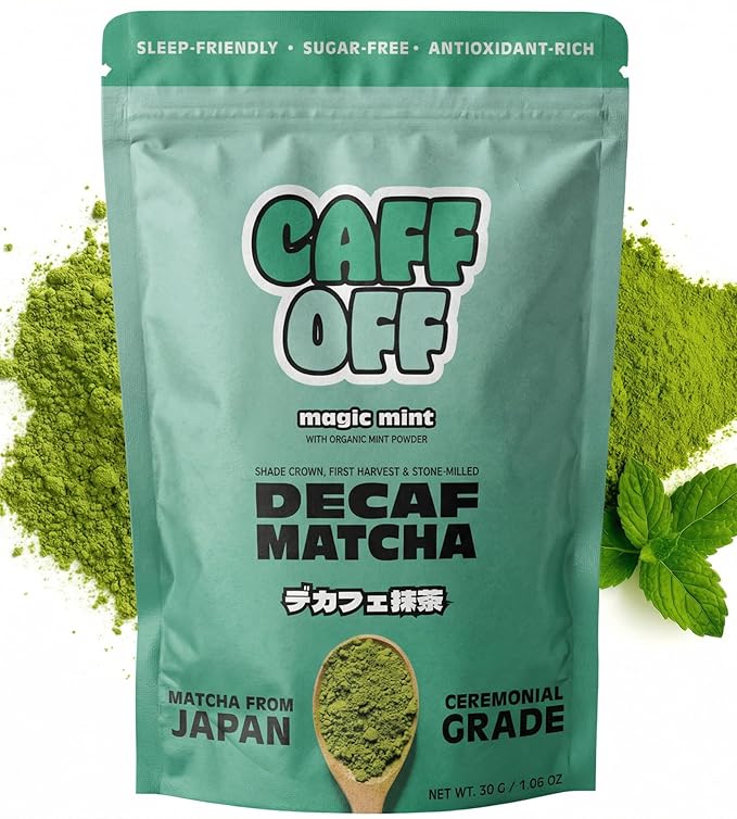 Decaf Mint Matcha Green Tea Powder From Japan – 1.06 oz / 30 g – With Mint Adaptogen- Ceremonial Grade & Sugar-Free – No Fillers or Milk Powders – Naturally Decaffeinated Without Chemicals – Tested for Heavy Metals – First Harvest, Shade-Grown & Caffei...