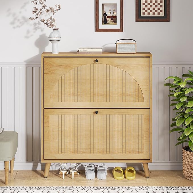 Fsbecl Shoe Storage Cabinet for Entryway with 2 Flip Drawers, Narrow Wood Shoe Cabinet with Fluted Panel, Freestanding Hidden Shoe Organizer for Foyer, Hallway (Wood Color - No Shelf)