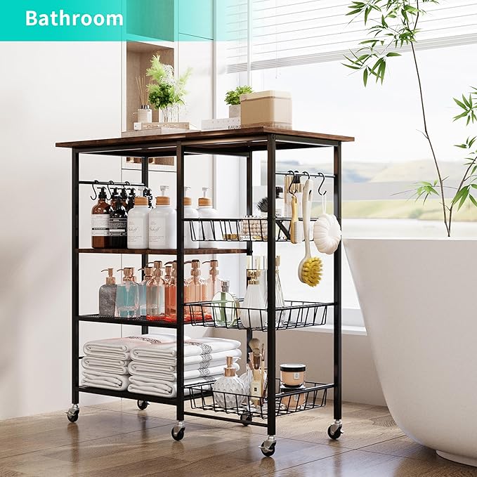 HapiRm Rolling Kitchen Microwave Cart - 4 Tier Microwave Table Stand with Pull-Out Baskets, Coffee Bar Baker's Rack with Wheels Rolling Storage Cart Organizer Shelf for Living Room Office, Balcony