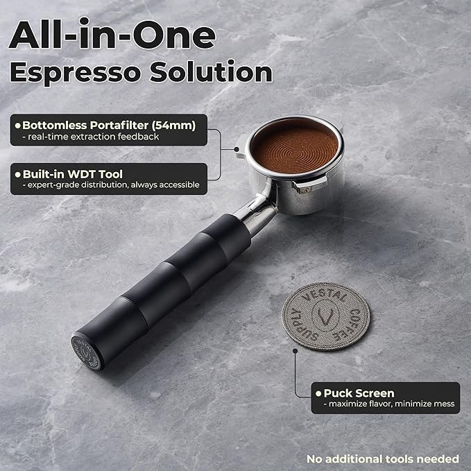 54mm Bottomless Portafilter with Integrated WDT Tool & Puck Screen - Compatible with Breville Barista Express, Pro, Touch, Bambino - Eliminate Channeling