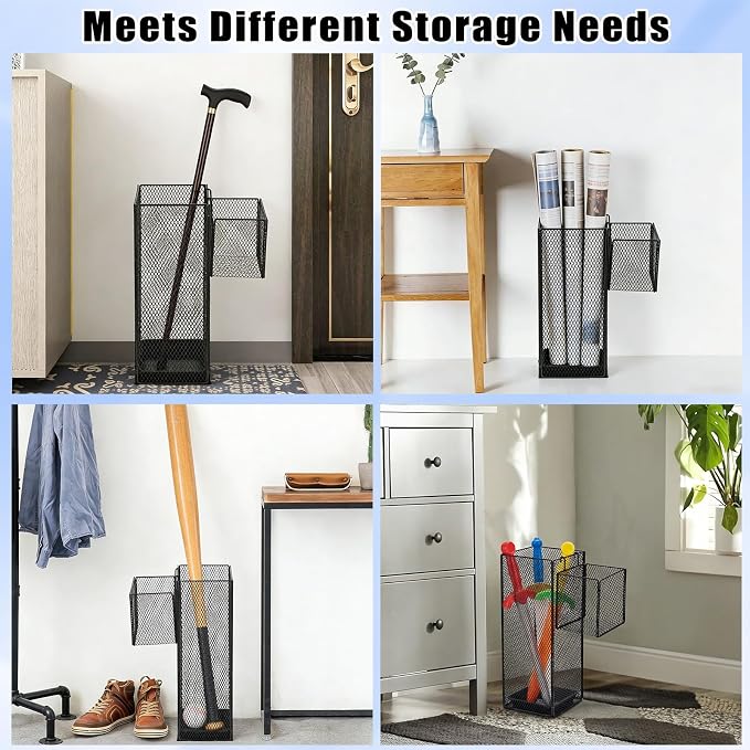 OwnMy Metal Umbrella Holder for Entryway, Indoor Umbrella Stand for Entryway with Small Basket and Draining Tray, Modern Umbrella Storage Stand Rack for Home Office Hotel Entrance, 16.5" Height