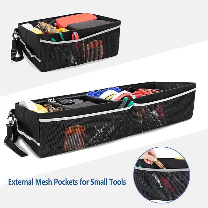 Trunk Under Seat Storage Fit for Super Crew, Tool Organizer Box Under Rear Seat for Three Seats with Removable Bottom Boards, Side Handles and Hook Snap Fix Straps, Black
