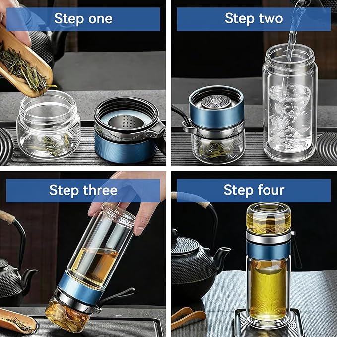 Glass Tea Infuser Bottle, Double Wall Portable Tumbler Mug Travel Tumbler Mug Men Tea Infuser Water Bottle (Blue)