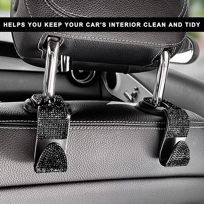 4 PCS Car Seat Headrest Hooks, Bling Crystal Rhinestone Back Seat Hanger Storage Organizer, Sparkly Seatback Holder Hooks for Purse and Bags Universal For Most Vehicles (Black)