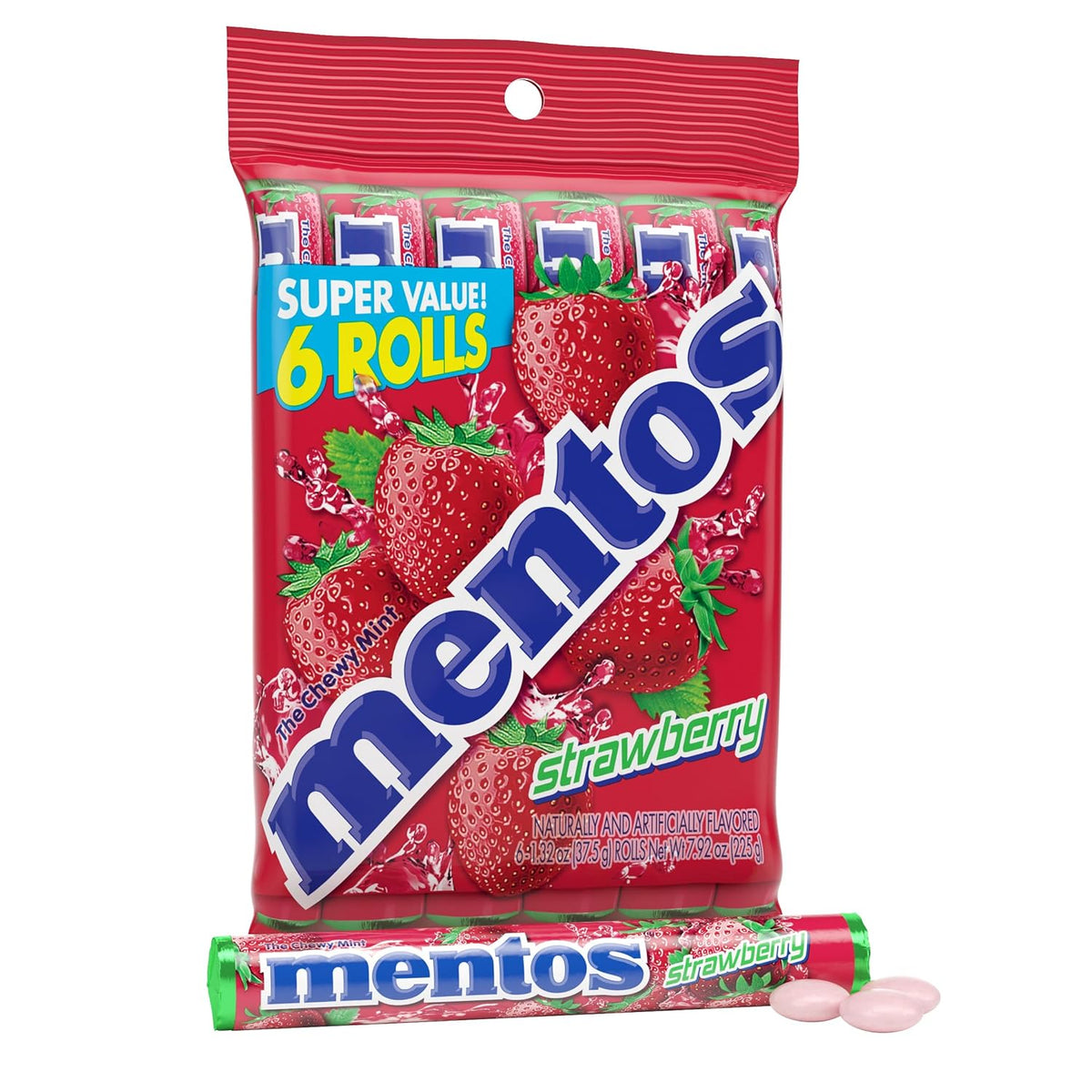 Mentos Strawberry Chewy Mint Candy Roll, 14 Pieces Per Roll, 6 Count Party Pack