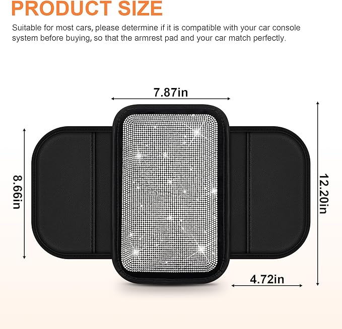 Bling Car Armrest Cover for Women Fit for Mazda Mazda 3 Custom Leather Center Console Cover with 2 Storage Pockets Crystal Rhinestones (Black)