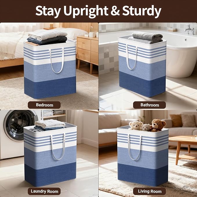 WOWBOX 2 Pack Laundry Baskets, Laundry Hampers, Freestanding Dirty Clothes Hampers with Reinforced Handles & Cross Stitch & Waterproof Coating, for Laundry Bedroom Bathroom Dorm,100L Blue