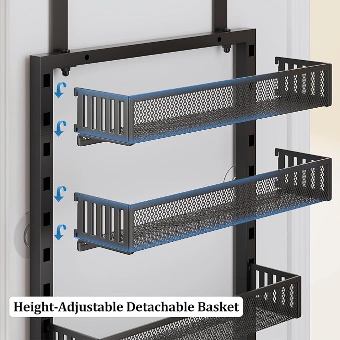 Over the Door Pantry Organizer, 8-Tier Over the Door Spice Rack with Adjustable Baskets, Wall-Mounted or Hanging Shelves for Kitchen, Laundry Room, Bathroom(Black, 16.65"W x 5.2"D x 72.6"H)