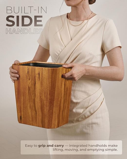 BLUEWEST 2.6 Gallons Acacia Wooden Bathroom Trash Can with Lid & PP Liner – Small Wastebasket with Handle, Decorative Wood Bin for Bedroom, Office or Under Counter Use