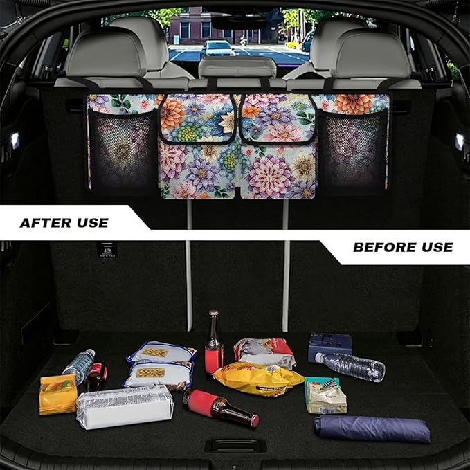 CLOHOMIN Boho Flowers Car Trunk Organizer for Sedan Organizers and Storage with 4 Pockets Hanging Back Seat Organizer Car Storage Accessories Interior