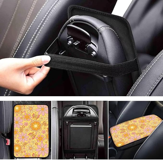 Hippie Flower Center Console Cover Protect from Pet Claws Universal Armrest Cover Pad Easy to Install 12.3 x 7.5 Inch Universal Car Interior Accessories Decoration