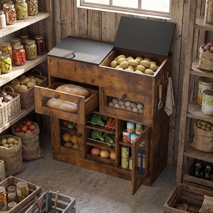 Wooden Potato and Onion Storage Bin with Lid, Potato Bin with 2 Mesh Drawers, 5-Tier Fruit & Vegetable Cabinet with Mesh Doors, Rustic Kitchen Organizer with Adjustable Shelves for Pantry (31.9")