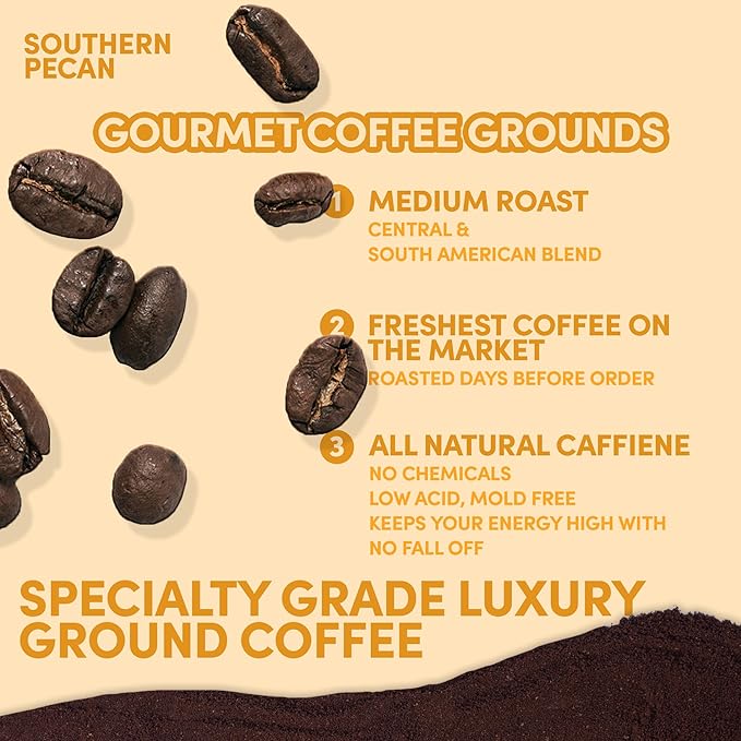 Southern Pecan Ground Coffee | Pecan Flavored Coffee Medium Roast | Rich Nutty Gourmet Flavored | Specialty Grade | 12 oz