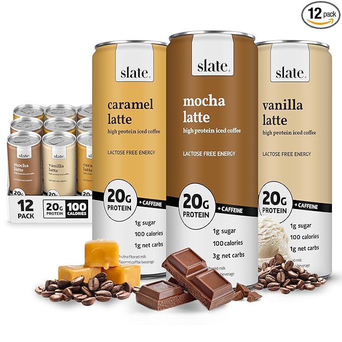 Slate Milk - High Protein Iced Coffee - Energy Variety Pack - Caramel Latte, Mocha Latte, Vanilla Latte - 175mg Caffeine, Lactose Free - 20g Protein, 1g Sugar - Protein Coffee - 11 fl oz, 12 Cans