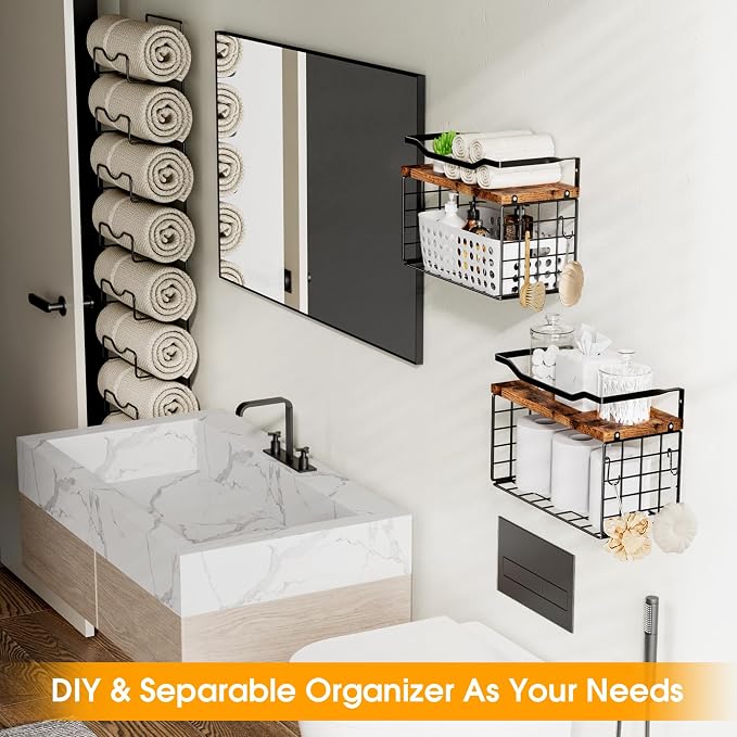 Towel Racks for Bathroom,Towel Rack Wall Mounted, 6 Tier Rolled Or Folded Towel Holder with Floating Shelves, Bathroom Towel Holder for Bath, Hand Towels,Metal and Wood