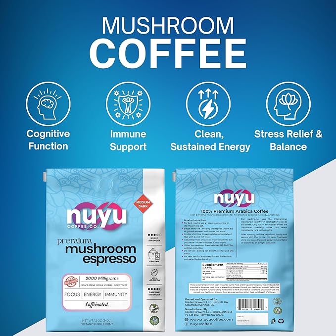 Nuyu Premium Mushroom Coffee, 12 oz, Fine Espresso Ground 100% Arabica, 2000mg Functional Mushrooms, Lion's Mane, Reishi, Chaga, Cordyceps for Cognition, Energy and Wellness (12oz, Espresso Roast)