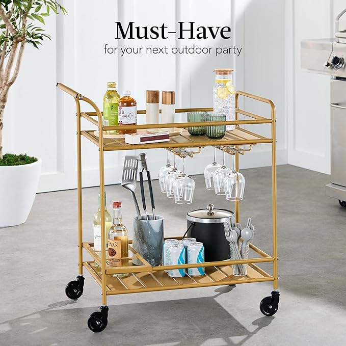 Best Choice Products Rolling Bar Cart, Mobile Home Bar Serving Cart, Serving Station w/ 2 Tier Shelves, Wine Rack, Lockable Wheels - Gold