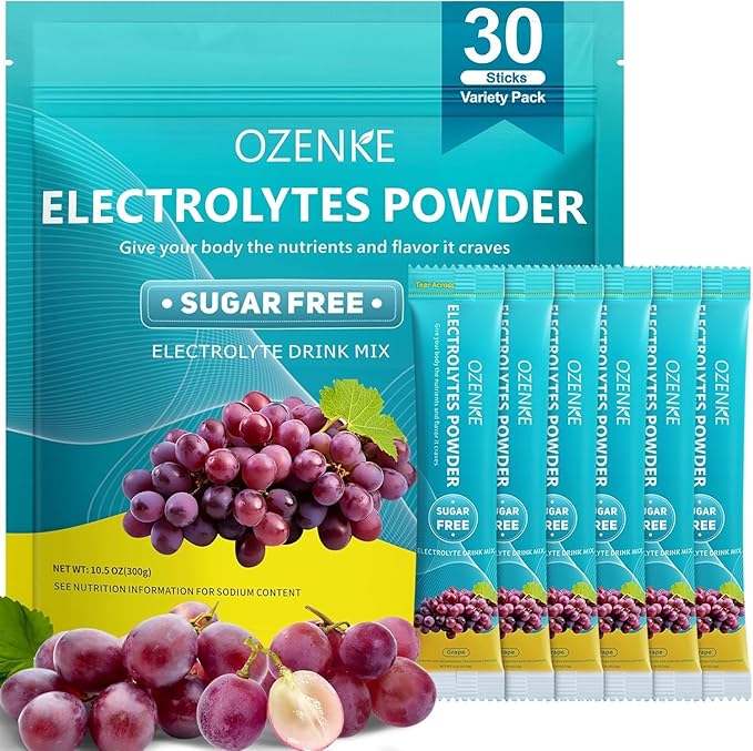 Electrolytes Powder Packets, 30 Sticks Hydration Packets Sugar Free, Electrolyte Drink Mix Portable Electrolyte Packet for Rapid Hydration, 0 Sugar & 0 Calorie, Grape Flavor