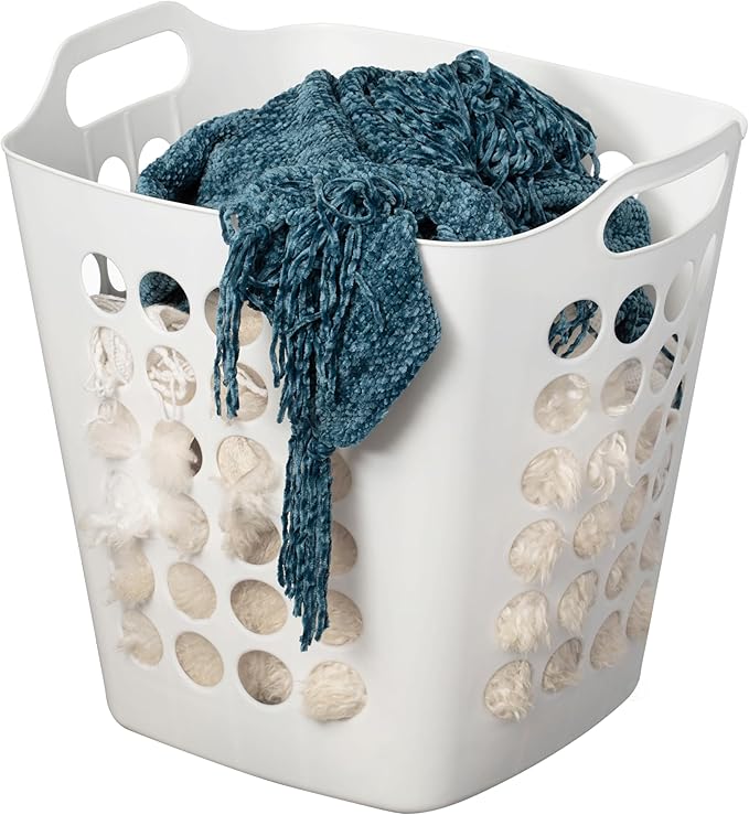 Flexible Plastic Laundry Basket - Square Storage Hamper with Side Handles for Easy Carrying - Versatile Organizer for Laundry, and Household Storage, White 50 Litter
