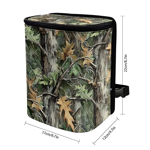 Camo Hunting Car Trash Can with Adjustable Straps Foldable Auto Garbage Can for Console Front Rear Seat Woodland Forest Tree Trash Bin for SUV Van Sedan Truck