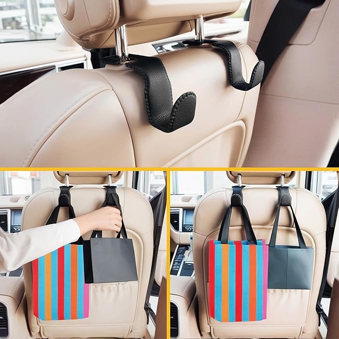 Headrest Hooks for Purses and Bags, 2 Pack Car Seat Hooks for Grocery Bag Handbag, Metal Car Purse Holder Covered by Leather, Black