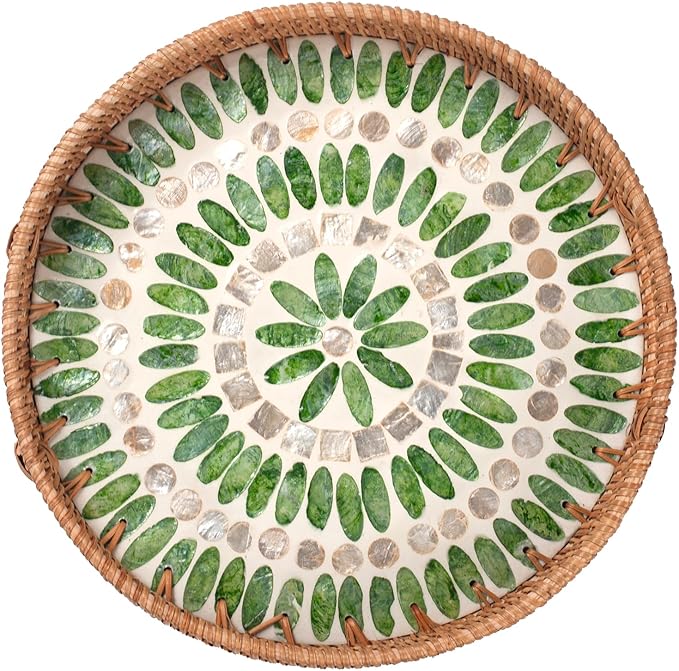 YANGQIHOME Round Serving Tray With Decorative Mother of Pearl Inlay, Rattan Wicker for Home Decor, Table Decor, Gifts, Dining, Woven for Food, Fruit, Coffee, 11.8 Inch