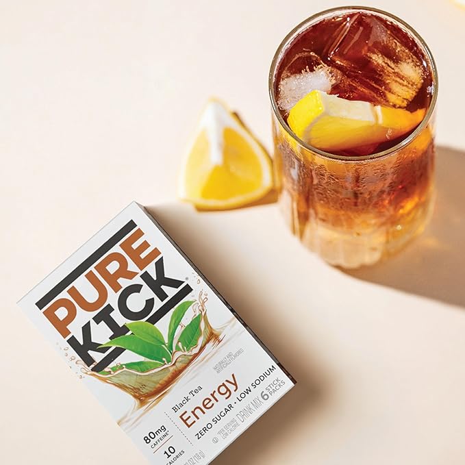 PURE KICK Energy Singles To Go Drink Mix, Black Tea, Includes 12 Boxes with 6 Packets in each Box, 72 Total Packets