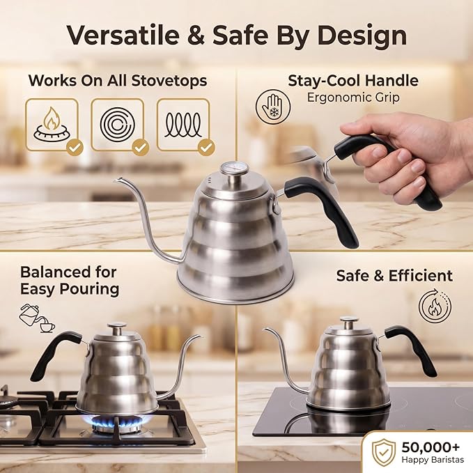 Barista Warrior Gooseneck Kettle for Pour Over Coffee and Tea with Thermometer for Exact Temperature, Precision Pour Drip Spout, Stainless Steel, Compatible with all Stove Tops (1.2 Liter, 40 fl oz)