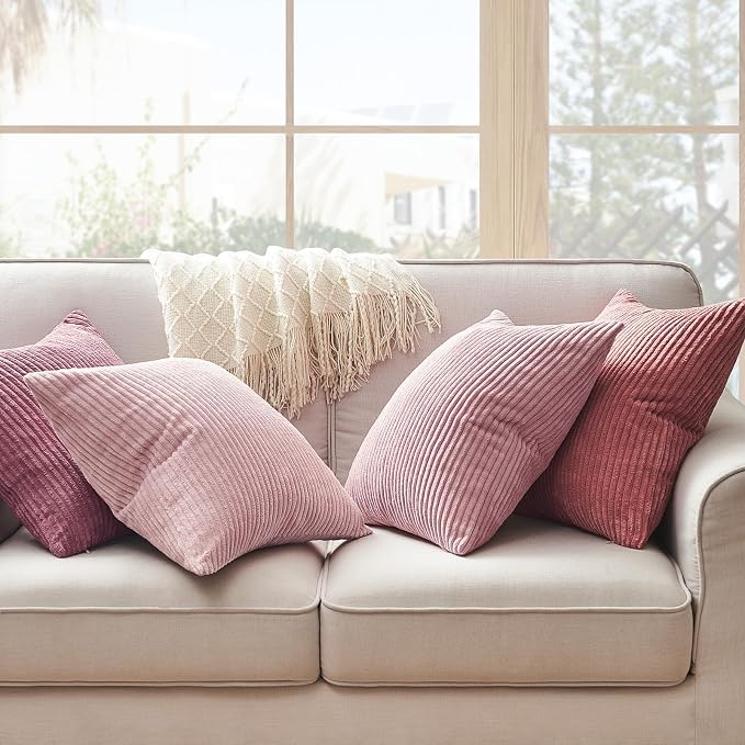 Topfinel Pink Throw Pillow Covers 16x16 Inch Set of 4,Soft Farmhouse Corduroy Decorative Cushion Cover,Square Cute Pillow Case for Gril's Bedroom Couch Sofa Living Room,Spring Series Home Decor