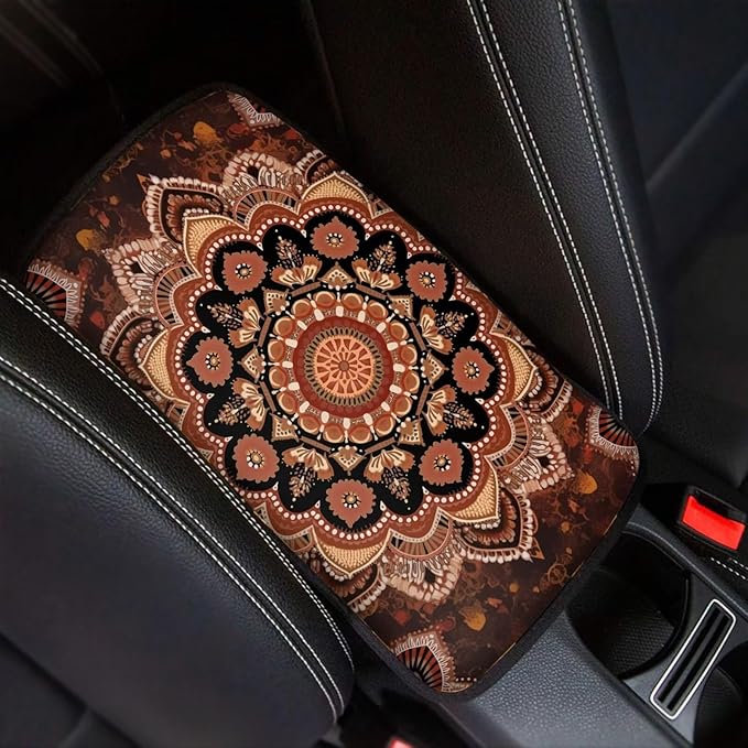 Boho Flower Print Center Console Cushion for Cars Decorative Automotive Armrest Seat Box Cover for Women Universal Fit Van SUV Truck Sedan, Brown