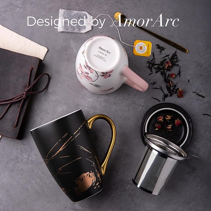 AmorArc Ceramic Tea Cup with Infuser and Lid, 17 Oz, Ceramic Cup with Handle for Steeping Loose Leaf Teas, Steeping Tea Mug with Strainer, Black