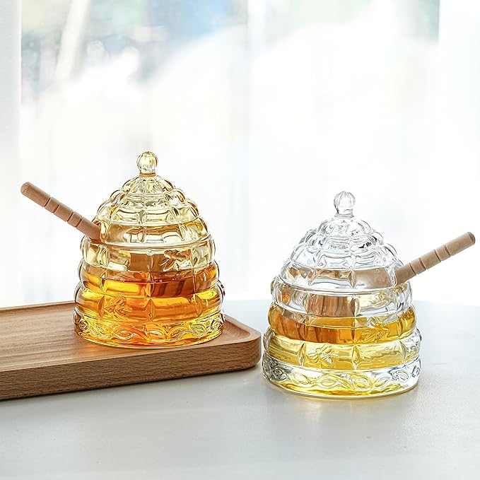 kanpura Honey Pot with Dipper and Lid 3.7oz Glass Honey Jar with Wooden Dippers Stick Set Syrup Dispenser for Home Kitchen (Clear)