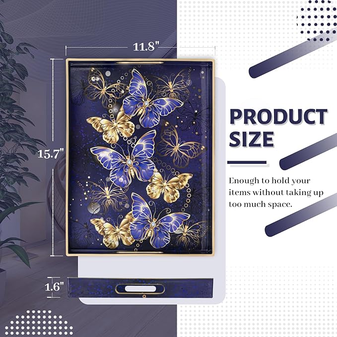 MAONAME Rectangular Decorative Tray, Butterfly Plastic Serving Tray with Handles, Modern Blue Trays for Ottoman, Coffee Table Trays for Living Room, Home Decor, 15.8" x 11.8" x 1.6"
