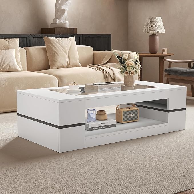HedoAjim 47.2" Modern Stylish Coffee Table with Glass Table Top, Large Living Room Table Rectangular 2-Tier Center Tables with Storage, Wooden Tea Tables for Dining Reception Room, White