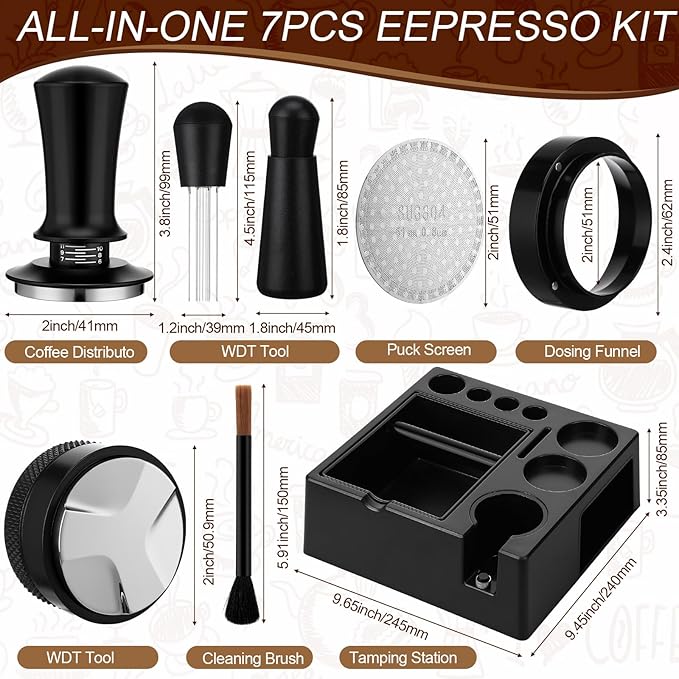 7pcs Espresso Accessories Kit 51/58/53mm Tamping Station Machine Accessories Spring Loaded Calibrated Tamper Wdt Espresso Tool and Dosing Funnel Set Distributor and Tamper Leveler(51mm)