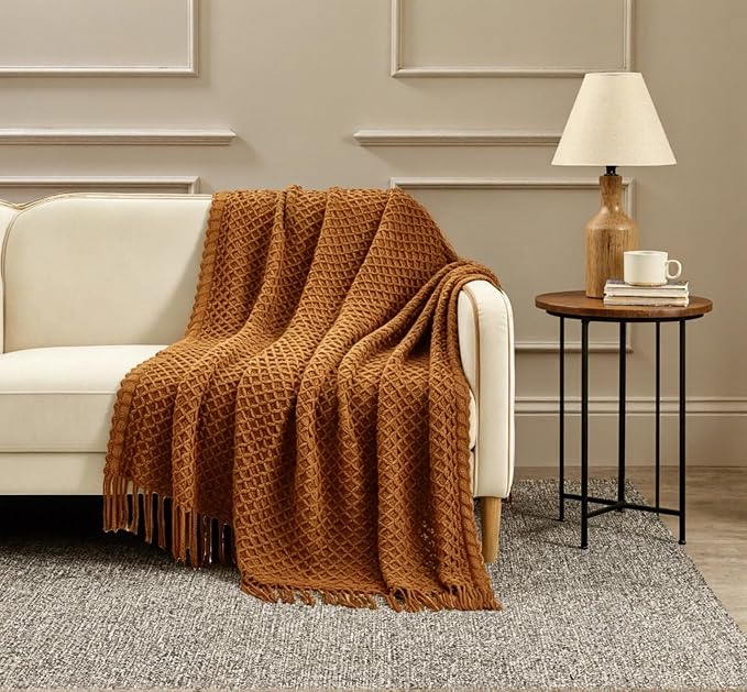 CREVENT Farmhouse Boho Knitted Throw Blanket for Couch Sofa Chair Bed Home Decoration, Soft Warm Cozy Light Weight for Spring Summer Fall (60''X80'' Light Brown)