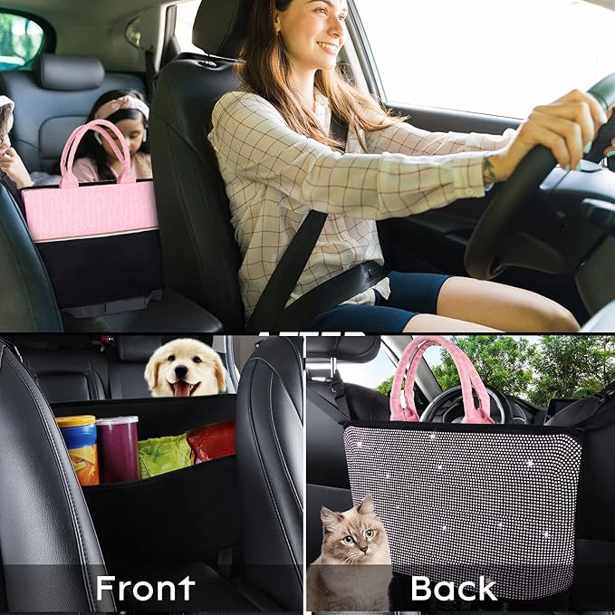 eing Car Organizers and Handbag Holder Car Seat Net with Shiny Diamonds for Women, Car Barrier for Dogs and Kids, Pink Car Organizer