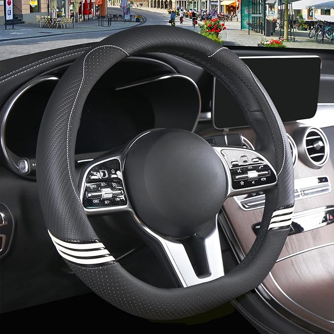 Cute Steering Wheel Cover D Shape for Women Men Breathable Universal 15 inch,Black