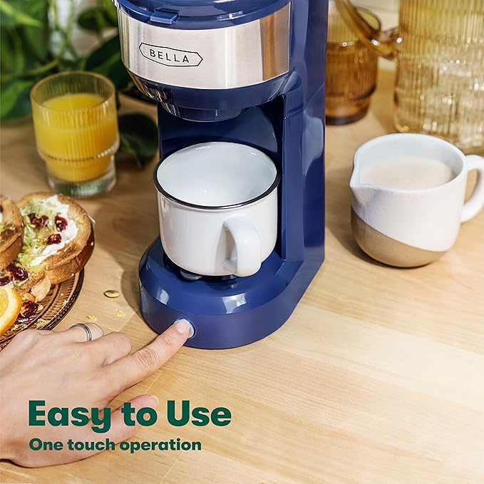BELLA Dual Brew Single Serve Coffee Maker, Brews both Kcup and Ground Coffee, Large 14oz Capacity, Easy One Touch, Auto Shutoff, Navy
