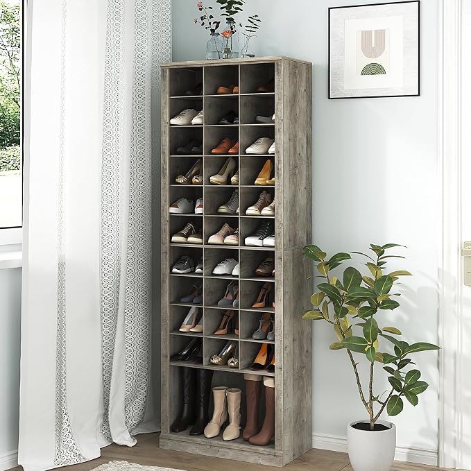 Hzuaneri 11 Tiers Shoe Storage Cabinet, Tall Shoes Cabinet with Cubby, Freestanding Wooden Shoe Organizer, 30-33 Pairs, Shoes Cubby Organizer for Entryway, Bedroom, Greige SR02005B