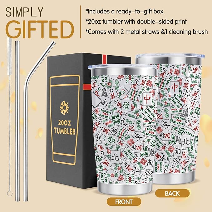 Mahjong Gifts, Mahjong Themed Stainless Steel Insulated Tumbler with Lid and Straw 20oz, Mahjong Lover Gift Mahjong Player Gift for Friend Family (Mahjong)