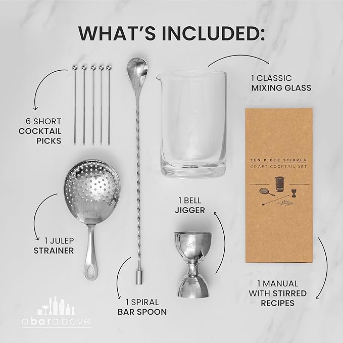 A Bar Above 10 Piece Cocktail Mixing Glass Set, Lead Free Cocktail Set with Mixing Glass, Bar Spoon, Julep Strainer, Bell Jigger and Picks, Bar Accessories, Ideal for Martinis, Whiskey and Negronis