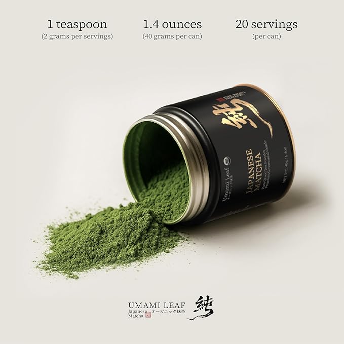 Umami Leaf Organic Japanese Ceremonial Grade Matcha - 100% Pure Green Tea Powder, USDA Certified, First Harvest, Authentic Origin From Uji, Kyoto (40g / 1.4oz Tin)
