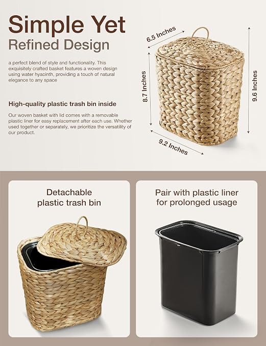 Tidita 1.5 Gallon Wicker Wastebasket with Lid, Woven from Water Hyacinth | Hyacinth Construction, Woven Design, Removable Plastic Liner Included, Removable Lid, Iron Frame, Odor Proof, Versatile Use